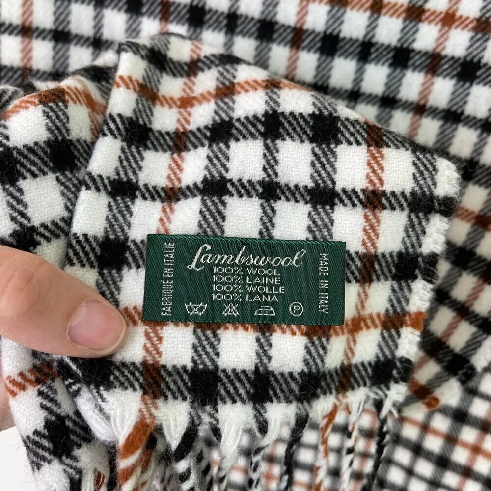 Lambswool Womens Scarf Plaid Made In Italy Fringe White Black Brown Rectangle